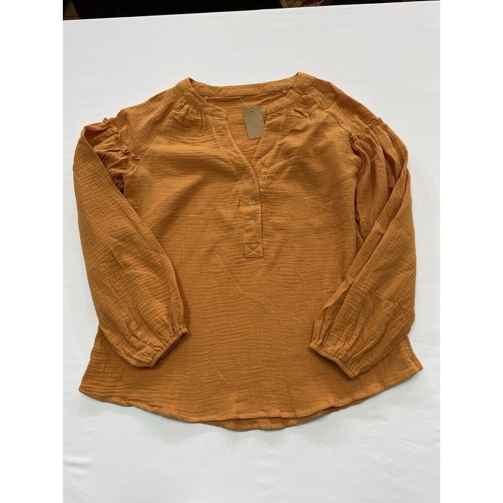 Boutique Gauze Cotton Henley Top M Rust Boho Blouse